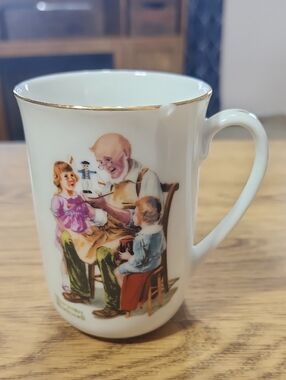 Norman Rockwell Museum Porcelain Cup Mug Japan 1982 The Toymaker White Gold trim